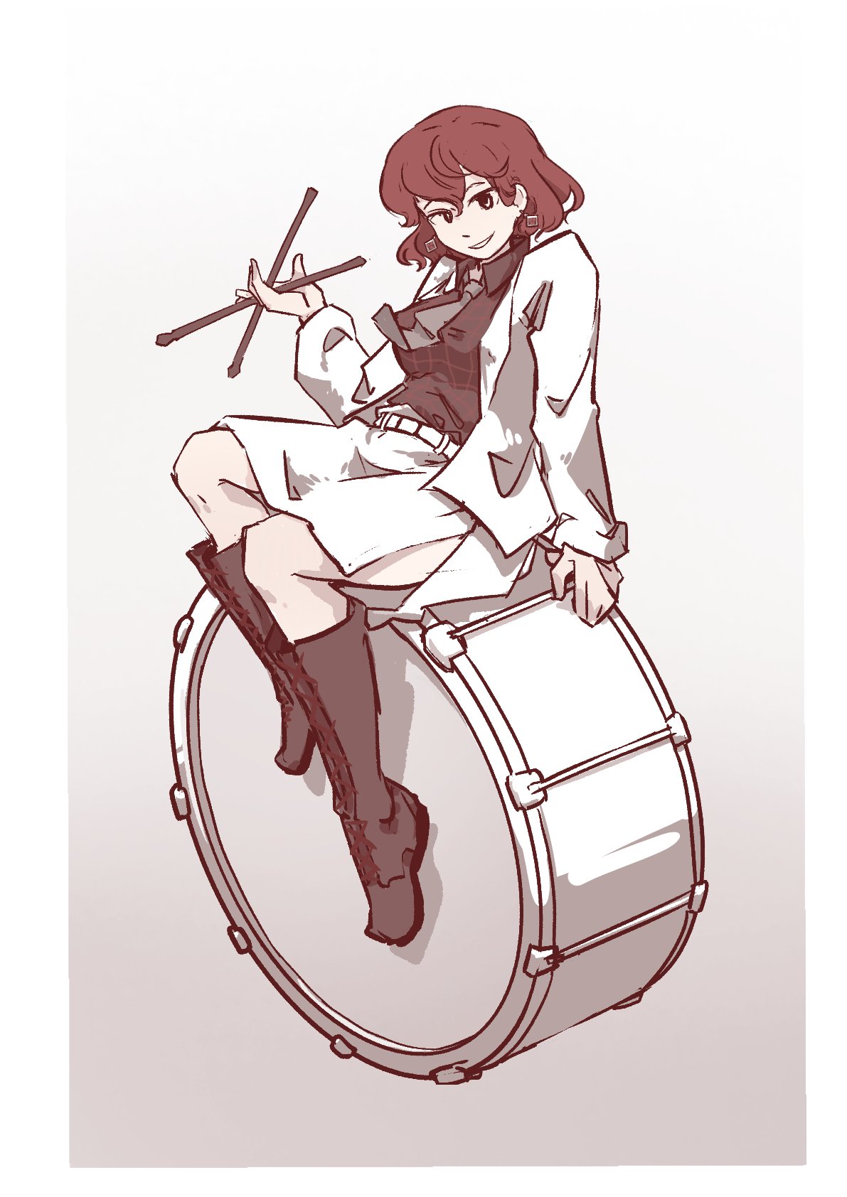 1girl black_footwear black_shirt boots collared_shirt commentary drum drumsticks english_commentary full_body gradient_background grey_background grey_necktie highres holding holding_drumsticks horikawa_raiko hyoutan_tan instrument jacket long_sleeves looking_at_viewer necktie red_eyes red_hair shirt short_hair sitting sitting_on_drum skirt solo taiko_drum touhou white_jacket white_skirt