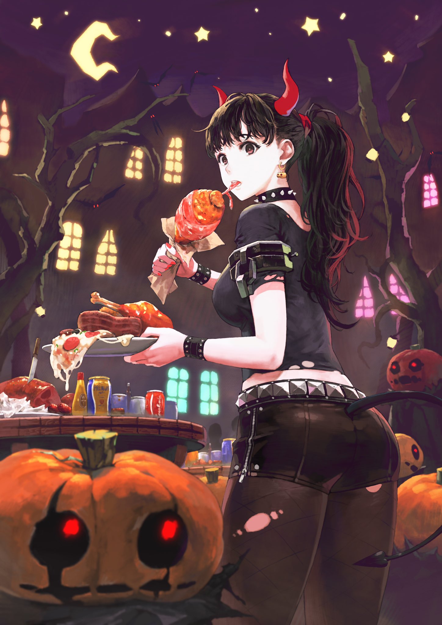 alcohol ass bangs bare_tree bat beer beer_can belly_peek belt black_hair black_legwear black_shirt black_shorts bracelet breasts brown_eyes building can cola collar commentary_request cowboy_shot crescent_moon demon_horns demon_tail earrings eating feast fingernails food from_behind hair_ribbon hair_tie halloween highres holding holding_food holding_plate horns jack-o'-lantern jack-o'-lantern_earrings jewelry jun_(seojh1029) kitchen_knife lantern long_hair looking_at_viewer looking_back meat medium_breasts moon nail_polish night night_sky open_mouth original outdoors pantyhose pantyhose_under_shorts pizza plate ponytail pumpkin red_nails ribbon sausage shirt short_sleeves shorts sky soda_can solo spiked_collar spikes standing star_(sky) t-shirt table tail teeth torn_clothes torn_legwear tree turkey_leg