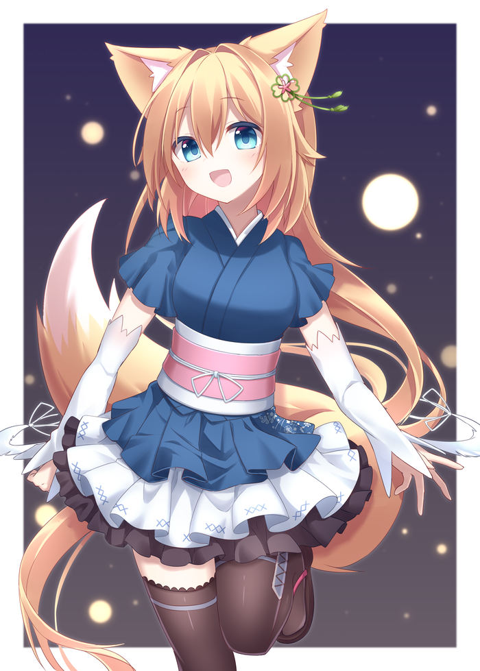 1girl :d animal_ear_fluff animal_ears blonde_hair blue_eyes blue_kimono blush breasts brown_footwear brown_thighhighs detached_sleeves fox_ears fox_girl fox_tail hair_between_eyes japanese_clothes kimono long_hair long_sleeves looking_at_viewer medium_breasts obi original pleated_skirt sash shoes short_sleeves skirt sleeves_past_wrists smile solo standing standing_on_one_leg surume_aburi tail thighhighs very_long_hair white_skirt white_sleeves