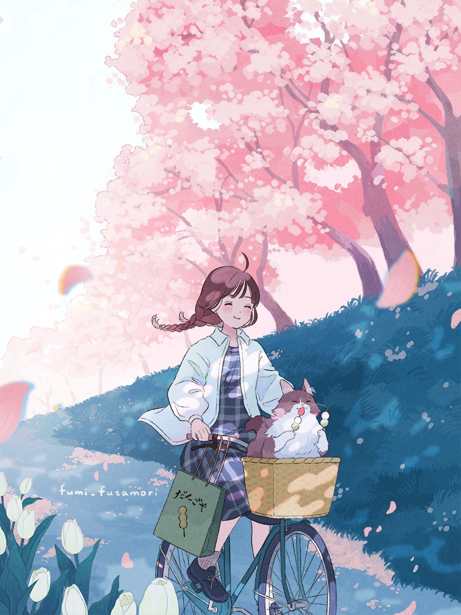 1girl ahoge artist_name bag black_dress black_footwear blush brown_hair brown_socks cat cherry_blossoms closed_mouth collared_shirt day dot_nose dress facing_viewer falling_petals flower full_body fumi_futamori grass highres landscape long_hair long_sleeves low-braided_long_hair low-tied_long_hair nature open_clothes open_shirt original outdoors petals plaid plaid_dress riding_bike road scenery shirt shoes sidelocks smile socks solo tote_bag tree tulip white_flower white_shirt white_tulip