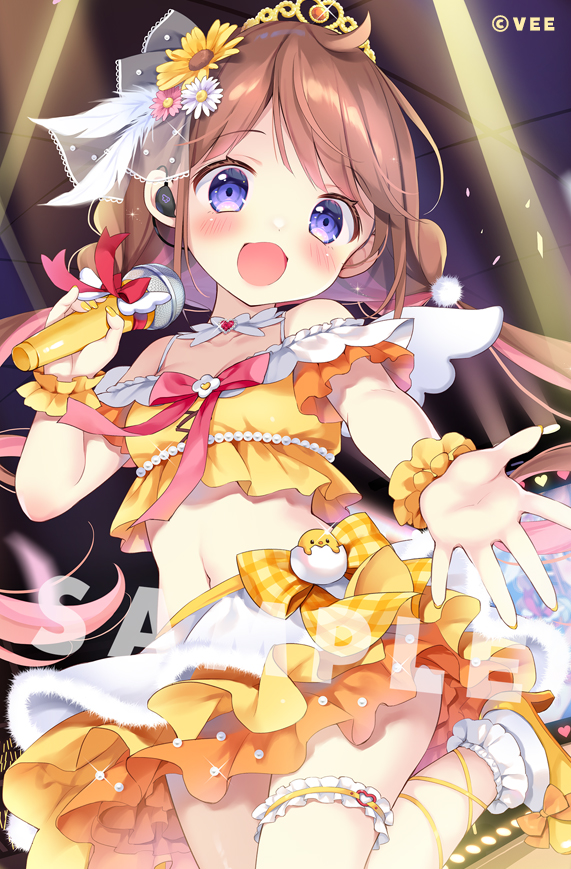 1girl :d bare_shoulders blush breasts brown_hair ceiling commentary_request copyright_request crop_top earpiece frilled_socks frills high_heels holding holding_microphone layered_skirt long_hair looking_at_viewer low_twintails microphone multicolored_hair navel outstretched_arm pan_(mimi) pink_hair pleated_skirt purple_eyes see-through shoes skirt small_breasts smile socks solo tiara tile_ceiling tiles twintails twitter_username two-tone_hair very_long_hair white_skirt white_socks wrist_cuffs yellow_footwear