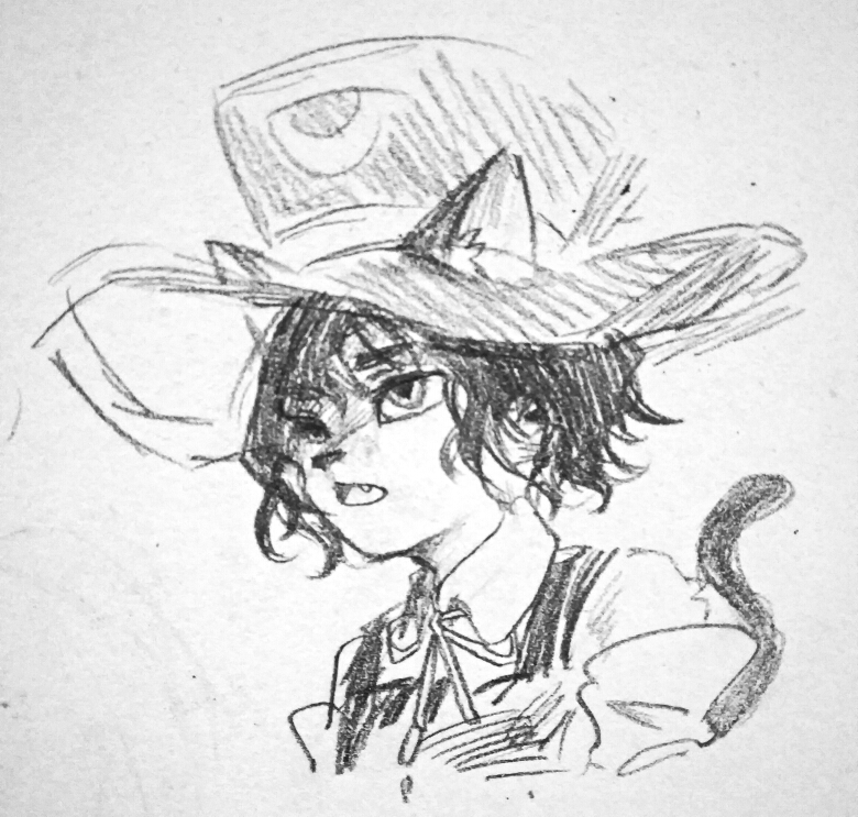 1other androgynous animal_ear_fluff animal_ears bare_shoulders cat_ears cat_tail chinese_commentary collared_shirt commentary_request cropped_torso detached_sleeves ears_through_headwear enraku_tsubakura eye_of_senri fang furry furry_other graphite_(medium) hat len'en looking_ahead mxx33 neck_ribbon open_mouth other_focus photo_(medium) ribbon ribbon-trimmed_vest shirt short_hair sketch sleeveless sleeveless_shirt solo tail top_hat traditional_media
