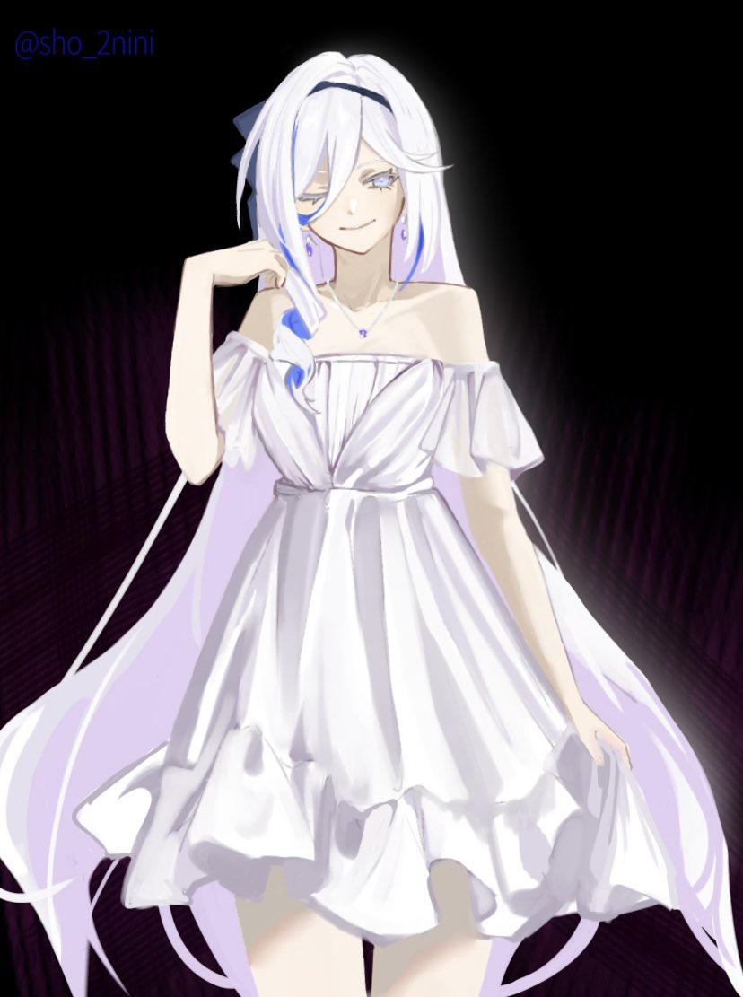 1girl ;) bare_shoulders black_background closed_mouth cowboy_shot dress earrings hare_(honkai_impact) headband honkai_(series) honkai_impact_3rd jewelry long_hair looking_at_viewer necklace off-shoulder_dress off_shoulder one_eye_closed purple_eyes sho_2nini short_sleeves simple_background smile solo very_long_hair white_dress white_hair