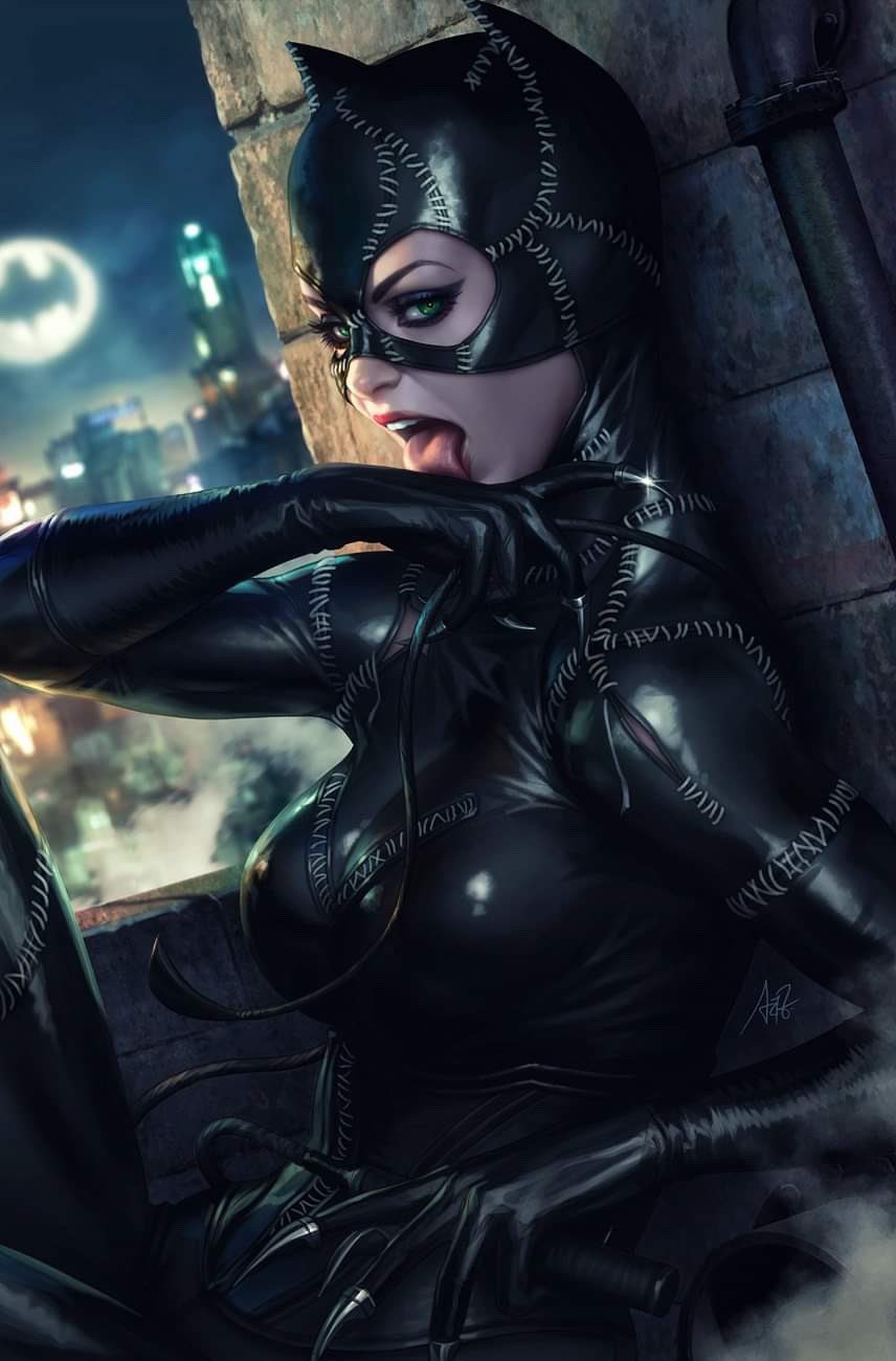 1girl animal_ear_hood animal_ears bat_signal batman_(series) black_bodysuit black_hood bodysuit breasts cat_ears catwoman cityscape claws dc_comics green_eyes highres hood licking licking_hand looking_at_viewer medium_breasts night open_mouth outdoors selina_kyle solo stanley_lau teeth tongue tongue_out upper_teeth_only