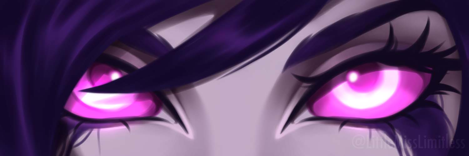 1girl artist_name close-up colored_skin eye_focus eyelashes jpeg_artifacts league_of_legends looking_at_viewer misseslimitless morgana_(league_of_legends) pink_eyes purple_hair solo