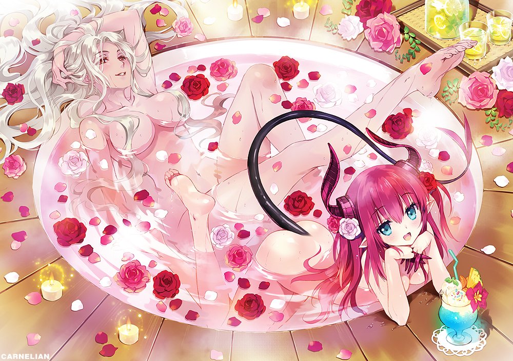 :d ass asymmetrical_horns barefoot bath bathing bathtub bendy_straw blue_eyes blush breasts candle carmilla_(fate/grand_order) carnelian chin_rest commentary_request cup curled_horns curly_hair dragon_girl dragon_horns dragon_tail drinking_glass drinking_straw elizabeth_bathory_(fate) elizabeth_bathory_(fate)_(all) fate/extra fate/extra_ccc fate/grand_order fate_(series) feet flower food hair_flower hair_ornament hair_over_breasts horns ice_cream ice_cream_float interlocked_fingers leg_up long_hair looking_at_viewer multiple_girls navel nude open_mouth petals petals_on_liquid pink_flower pink_hair pink_rose pointy_ears red_flower red_hair red_rose rose rose_petals shared_bathing small_breasts smile solo_focus tail two_side_up water white_flower white_hair white_rose yellow_eyes