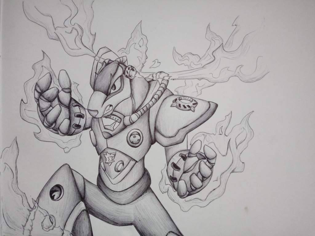 2018 4:3 angry anthro antlers biped capcom clenched_teeth deer elemental_manipulation fire fire_antlers fire_manipulation flame_stag flamethrower front_view halu horn logo machine male mammal maverick_(mega_man) mega_man_(series) mega_man_x_(series) metal monochrome portrait pose ranged_weapon reploid robot shaded solo step_pose teeth three-quarter_portrait traditional_media_(artwork) weapon