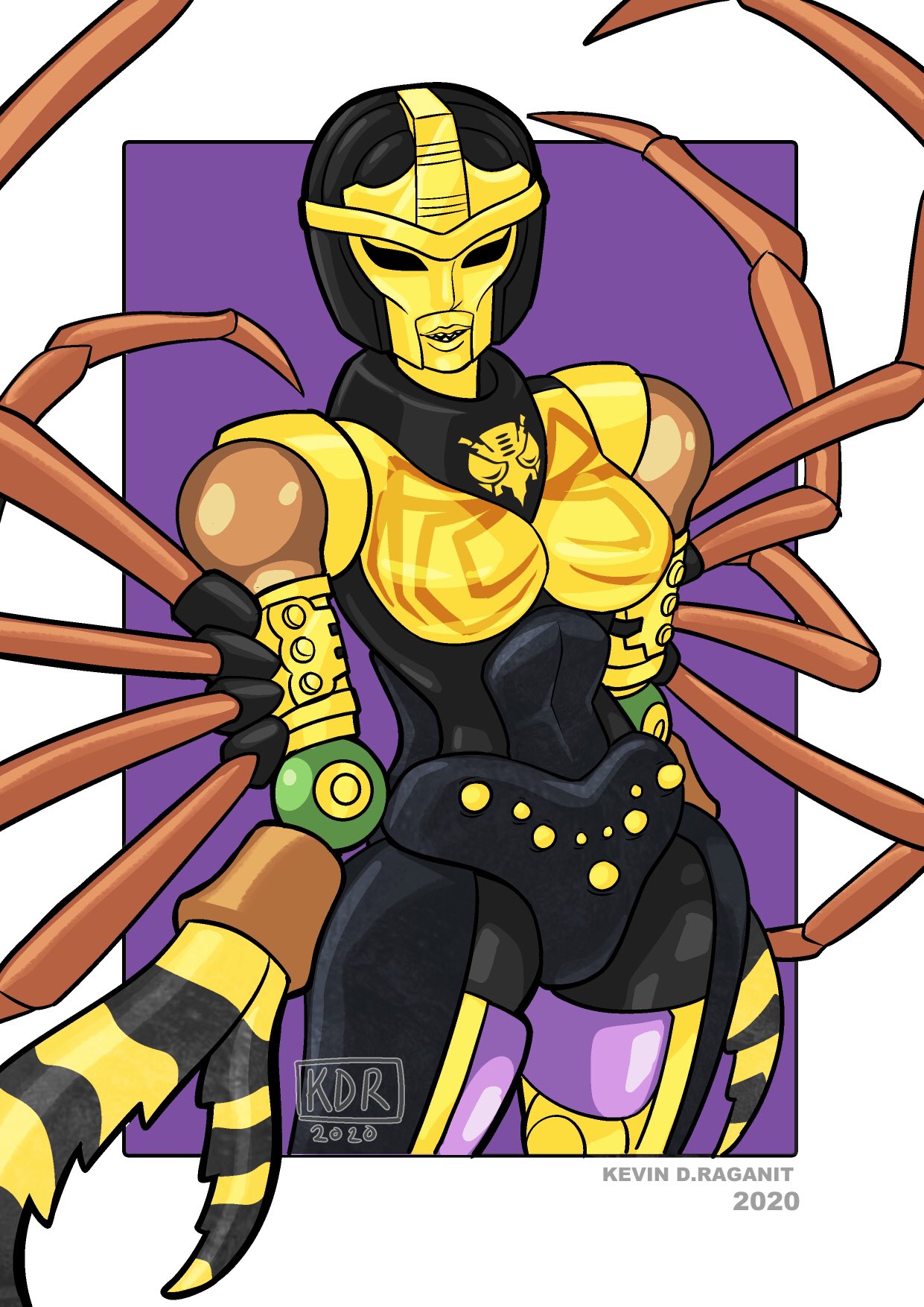 1girl 2020 arthropod_limbs beast_wars black_eyes blackarachnia breasts curvy helmet highres humanoid_robot kevin_raganit medium_breasts narrow_waist predacon robot robot_girl solo thighs transformers