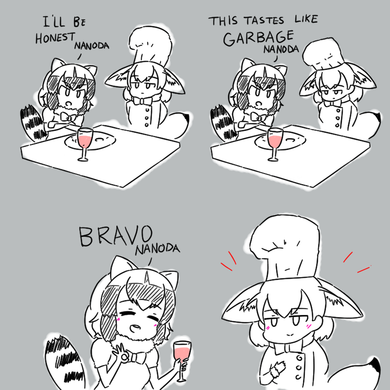 ^_^ animal_ears arms_behind_back beolseoneunseobeol blush bow bowtie buttons chef chef_hat chef_uniform closed_eyes closed_mouth comic common_raccoon_(kemono_friends) crossed_arms cup drink drinking_glass english fennec_(kemono_friends) fox_ears fox_tail greyscale hand_up hands_up hat holding holding_cup kemono_friends long_sleeves looking_at_another monochrome multiple_girls ok_sign open_mouth plate puffy_short_sleeves puffy_sleeves raccoon_ears raccoon_tail short_hair short_sleeves smile spot_color striped_tail sweater table tail upper_body