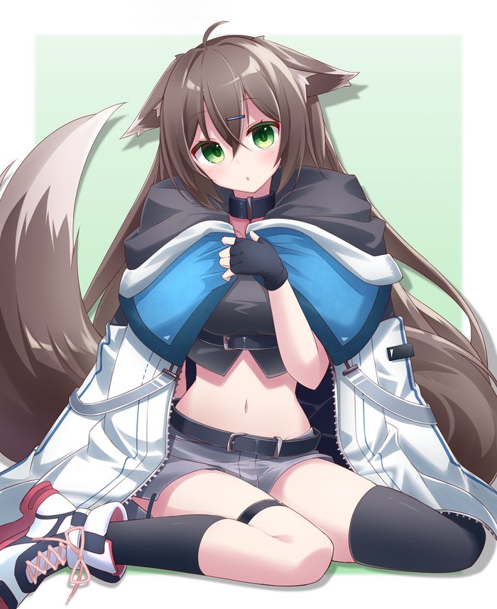 1girl :o ahoge animal_ear_fluff animal_ears asymmetrical_legwear belt black_belt black_gloves black_socks black_thighhighs blush breasts brown_hair crop_top fingerless_gloves fox_ears fox_girl fox_tail gloves green_background green_eyes grey_shorts hair_between_eyes hair_intakes hair_ornament hairclip hand_up hood hood_down hooded_jacket jacket jacket_on_shoulders long_hair medium_breasts navel original parted_lips shoes short_shorts shorts sitting socks solo surume_aburi tail thighhighs two-tone_background very_long_hair wariza white_background white_footwear white_jacket