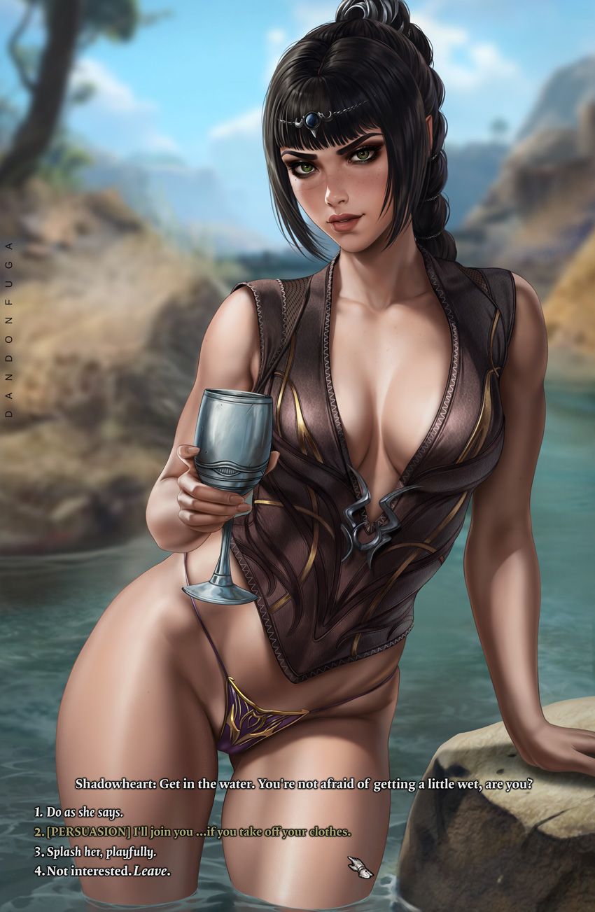 1girl baldur's_gate baldur's_gate_3 black_hair braid breasts circlet dandon_fuga dungeons_and_dragons elf glass highres long_braid multi-tied_hair panties pointy_ears scar scar_on_face scar_on_nose shadowheart_(baldur's_gate) smile underwear water