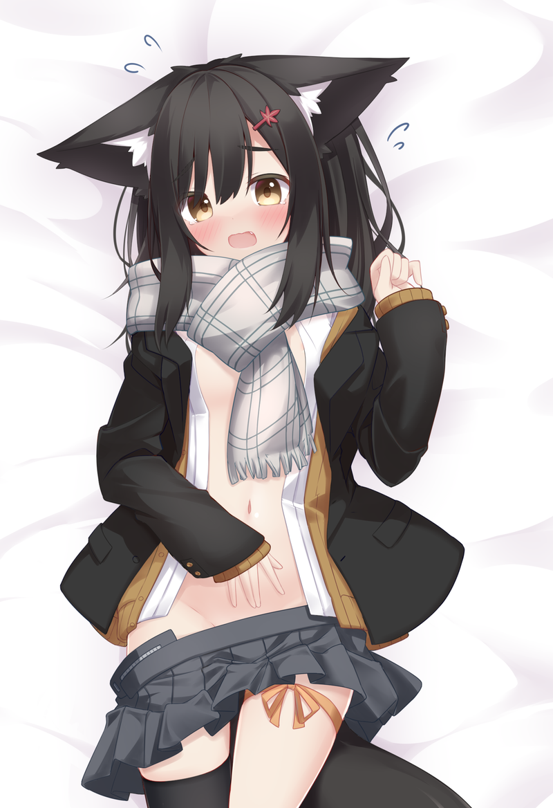 1girl animal_ear_fluff animal_ears bed_sheet black_hair black_jacket black_thighhighs blush brown_cardigan brown_eyes cardigan clothes_pull fang flying_sweatdrops fox_ears fox_girl fox_tail fringe_trim grey_scarf grey_skirt groin hair_between_eyes hair_ornament hairclip jacket long_hair long_sleeves looking_at_viewer navel open_cardigan open_clothes open_jacket open_mouth open_shirt original pleated_skirt scarf shirt single_thighhigh skirt skirt_pull sleeves_past_wrists solo surume_aburi tail thighhighs wavy_mouth white_shirt