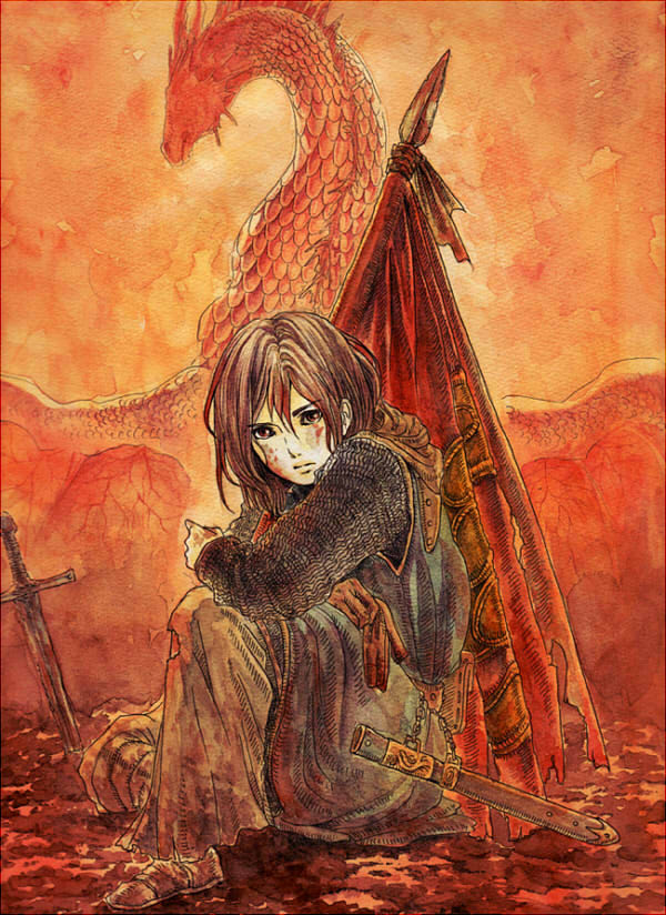 1boy ajitsuke_nori androgynous armor blood blood_on_face brown_gloves brown_hair chainmail dragon flag gloves hair_between_eyes knee_up long_sleeves looking_at_viewer looking_to_the_side male_focus on_ground original pants planted planted_sword red_theme sandals scabbard sheath single_glove sitting sword torn_flag tunic unsheathed unworn_gloves weapon western_dragon