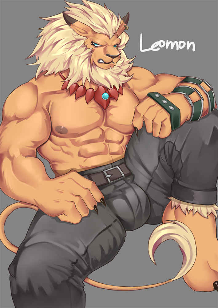 beard bulge clothed clothing digimon ear_piercing facial_hair leomon mane mbvgfw1108 muscular nipples piercing solo topless