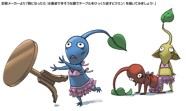 all_fours bags_under_eyes bikini black_eyes blue_pikmin blue_skin colored_skin commentary_request frilled_bikini frills leaf leg_up naru_(wish_field) neck_ribbon no_humans no_mouth outstretched_arms pikmin_(creature) pikmin_(series) pink_bikini pink_ribbon pointy_ears pointy_nose red_pikmin red_skin ribbon shade simple_background sunken_cheeks swimsuit translation_request triangle_mouth tripping white_background wide-eyed yellow_pikmin yellow_skin