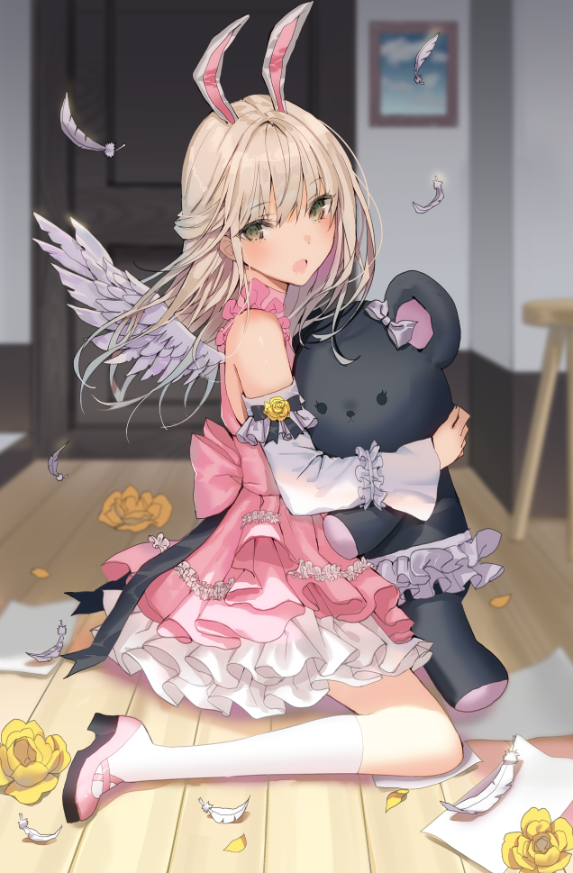 animal_ears bad_id bad_pixiv_id bangs bare_shoulders blurry blurry_background bunny_ears depth_of_field detached_sleeves door dress eyebrows_visible_through_hair feathered_wings feathers flower frills green_eyes hair_between_eyes head_tilt high_heels indoors kneehighs light_brown_hair lloule long_hair long_sleeves looking_at_viewer looking_to_the_side object_hug open_mouth original painting_(object) picture_frame pink_dress pink_footwear rose shoes sleeveless sleeveless_dress solo stool stuffed_animal stuffed_toy teddy_bear white_feathers white_legwear white_sleeves white_wings wings wooden_floor yellow_flower yellow_rose