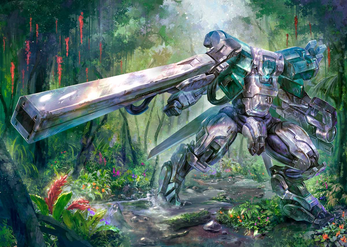 character_request commentary_request forest glowing mecha nature no_humans official_art plant river robot shoulder_cannon solo titanostrider_(mech) tree weapon yukishiro_chifuyu yuuki_bakuhatsu_bang_bravern