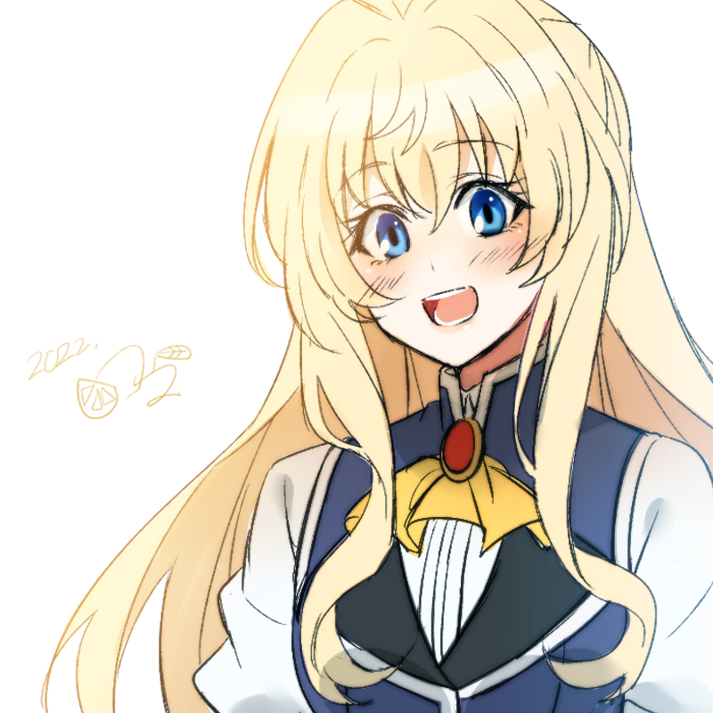 1girl :d alternate_costume ascot blonde_hair blue_eyes blush gem goblin_slayer! hair_between_eyes kankitukou priestess_(goblin_slayer!) shirt simple_background smile solo teeth white_background white_shirt yellow_ascot