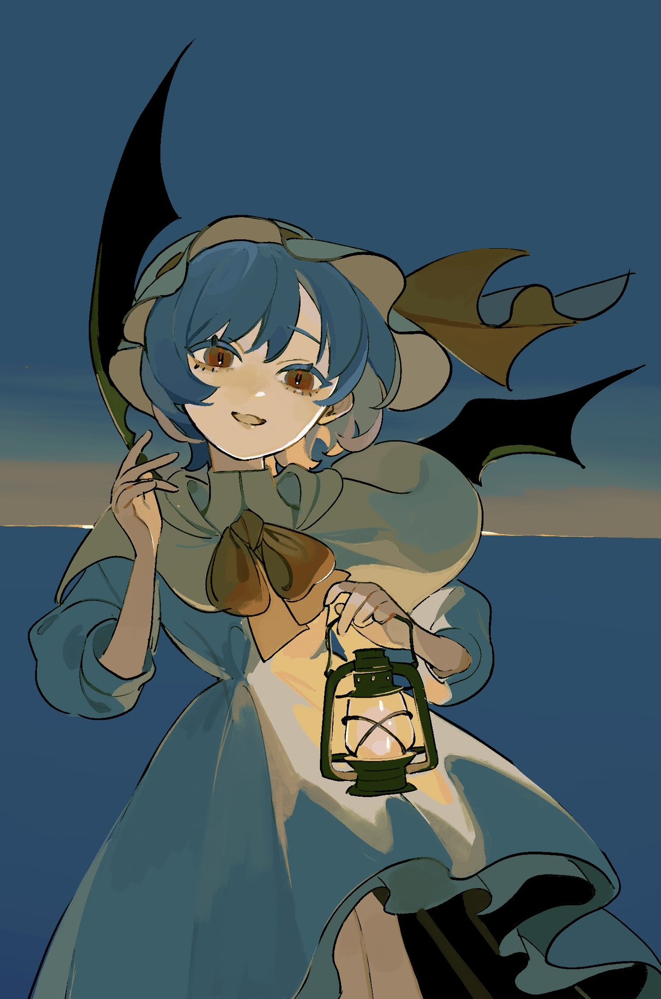 1girl ascot bat_wings black_ribbon blue_hair bow capelet dee_(tannsumi) dress green_capelet hair_between_eyes hat hat_ribbon highres holding holding_lantern lantern long_sleeves looking_at_viewer mob_cap red_ascot red_bow red_eyes remilia_scarlet ribbon short_hair smile solo touhou white_dress wings