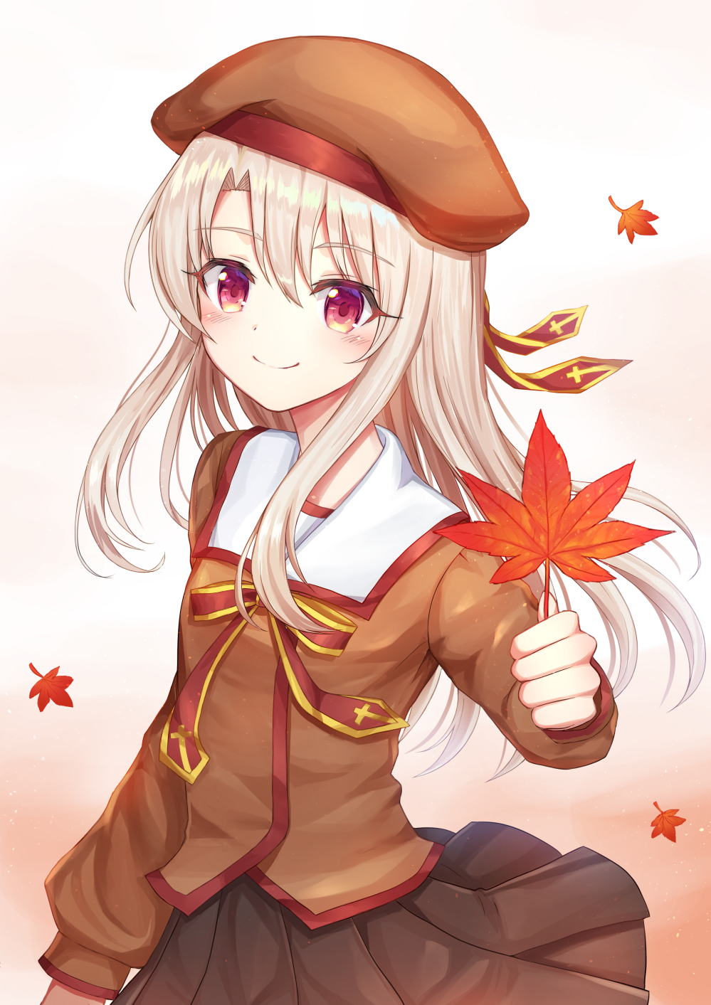 bangs beret blush bow brown_hat brown_shirt brown_skirt closed_mouth commentary eyebrows_visible_through_hair fate/kaleid_liner_prisma_illya fate_(series) hair_between_eyes hat highres holding holding_leaf homurahara_academy_uniform illyasviel_von_einzbern leaf light_brown_hair long_hair long_sleeves maple_leaf pleated_skirt red_bow red_eyes school_uniform seungju_lee shirt skirt smile solo striped striped_bow very_long_hair