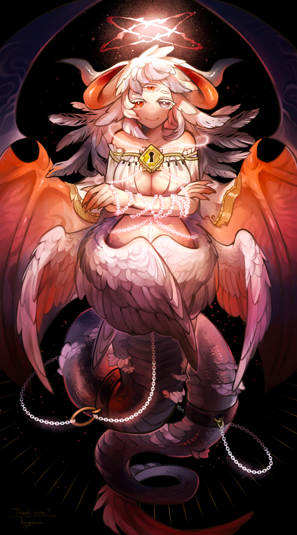 1girl angel angel_wings breasts chain commentary_request commission demon_wings fallen_angel feathered_wings glowing_chain grey_eyes halo heterochromia highres hogara horns keyhole large_breasts lock looking_at_viewer monster_girl multiple_wings original red_eyes skeb_commission smile solo tail third_eye white_hair wings