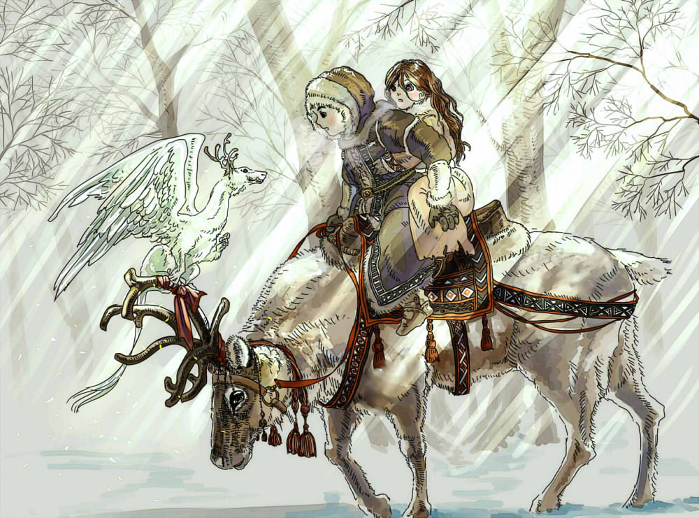 1boy 1girl ajitsuke_nori antlers boots breath brown_hair child coat day dragon dress eye_contact feathered_wings from_side fur-trimmed_hood fur_trim gloves hair_between_eyes holding holding_reins hood hood_up horn_ornament horn_ribbon horns long_hair long_hair_between_eyes looking_at_animal looking_at_another multiple_riders nature open_mouth original profile reindeer reins ribbon riding saddle sitting snow sunlight surprised tassel torn_clothes torn_dress tree waving wavy_hair white_dress wings winter winter_clothes