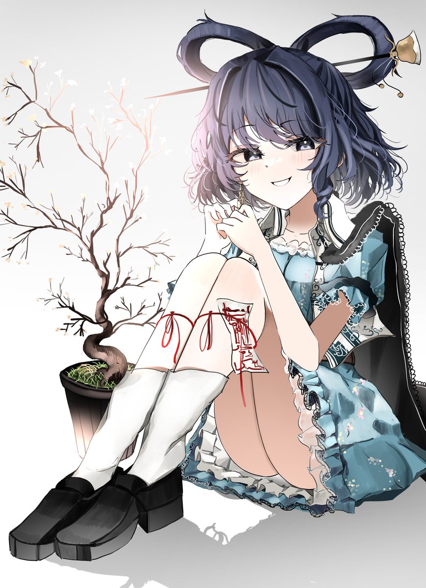 1girl black_cape black_footwear blue_dress blue_eyes blue_hair bonsai cape chisel commentary dress english_commentary full_body grey_background hair_ornament hair_ribbon hair_stick high_heels highres kaku_seiga knees_up looking_at_viewer ougiikun ribbon sitting smile socks touhou white_socks