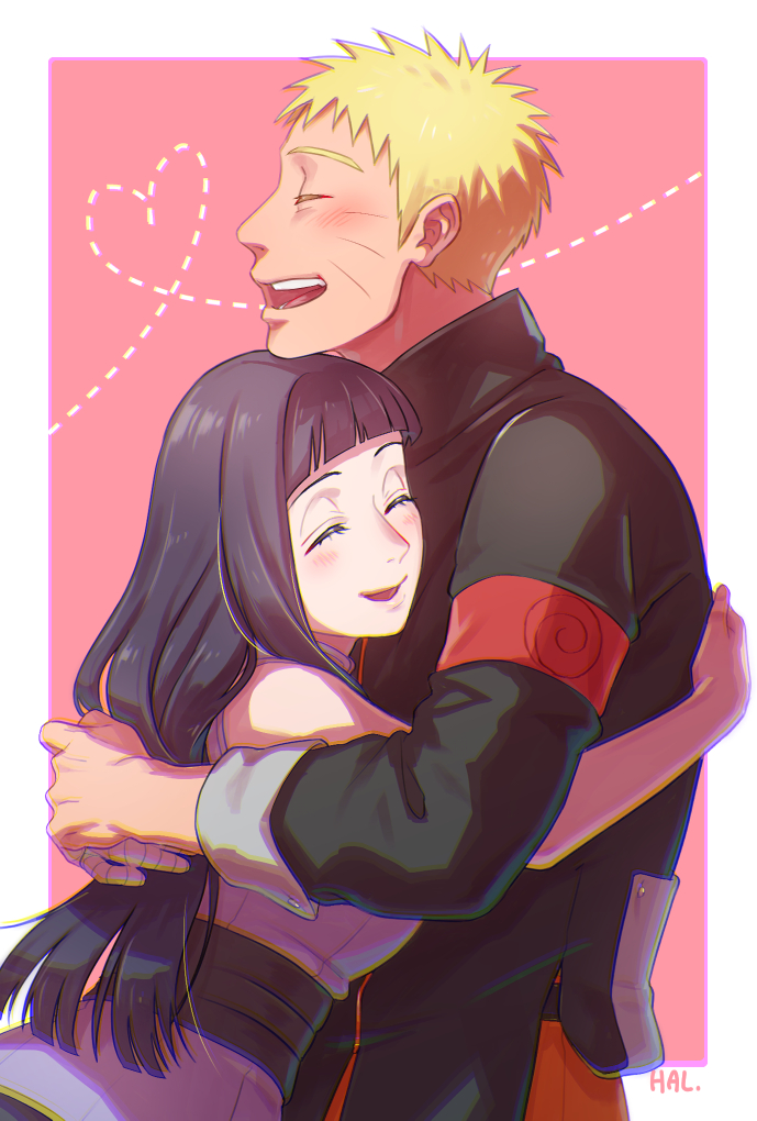 1boy 1girl artist_name black_hair black_jacket blonde_hair blush closed_eyes commentary couple facial_mark hal_(sakurajam) heart hetero hug hyuuga_hinata jacket long_hair naruto:_the_last naruto_(series) open_mouth pink_background short_hair simple_background sleeveless sleeveless_jacket smile uzumaki_naruto whisker_markings white_background