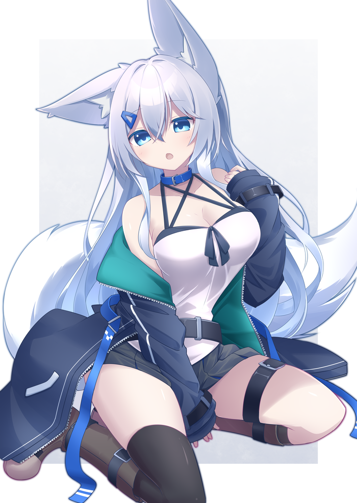 1girl animal_ear_fluff animal_ears between_legs black_skirt black_thighhighs blue_collar blue_eyes blue_jacket boots breasts brown_footwear camisole cleavage collar collarbone criss-cross_halter fox_ears fox_girl fox_tail grey_background grey_hair hair_between_eyes hair_ornament hairclip halterneck hand_between_legs jacket long_hair long_sleeves looking_to_the_side medium_breasts off_shoulder open_clothes open_jacket open_mouth original pleated_skirt shirogane_kasane skirt sleeves_past_wrists solo surume_aburi tail thighhighs thighhighs_under_boots two-tone_background very_long_hair white_background white_camisole