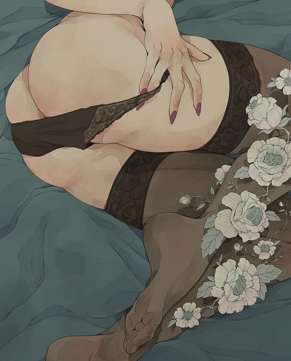 1girl ass bed_sheet black_panties black_thighhighs commentary emmanuel_viola english_commentary fingernails flower hand_on_own_thigh lower_body lying nail_polish no_shoes on_bed on_side original panties panty_pull pulled_by_self purple_nails solo thighhighs underwear white_flower