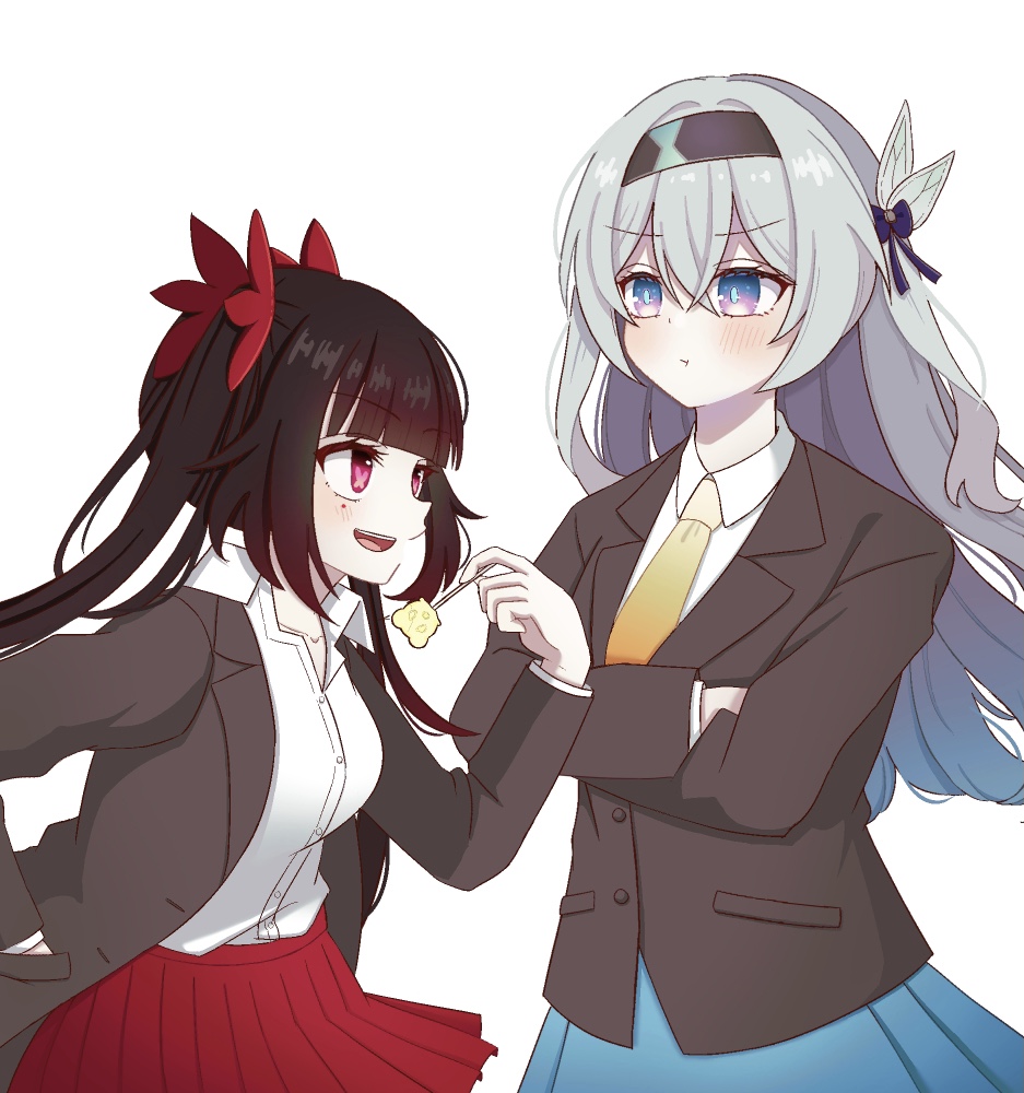 2girls :d :t aimai_(pixiv_75842622) black_hairband black_jacket blazer blue_eyes blue_hair blue_pupils blue_skirt blush bow brown_hair candy collarbone collared_shirt cowboy_shot crossed_arms crossed_bangs eye_contact firefly_(honkai:_star_rail) food from_side gradient_hair hair_between_eyes hair_bow hairband holding holding_candy holding_food holding_lollipop honkai:_star_rail honkai_(series) jacket lollipop looking_at_another miniskirt multicolored_hair multiple_girls necktie open_clothes open_collar open_jacket open_mouth orange_necktie pink_eyes pleated_skirt pout red_bow red_hair red_skirt school_uniform shirt shirt_tucked_in simple_background skirt smile sparkle_(honkai:_star_rail) twintails two-tone_eyes white_background white_bow white_shirt