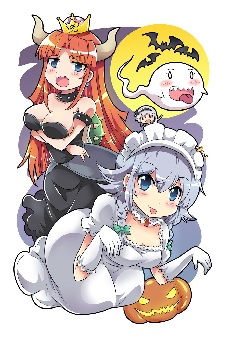 3girls bat blue_eyes blush_stickers boo boo_(cosplay) bow bowsette bowsette_(cosplay) braid breast_hold breasts cleavage collar colonel_aki commentary cosplay crown earrings elbow_gloves fang full_moon ghost ghost_pose gloves hair_between_eyes hair_bow hairband halloween highres hong_meiling horns izayoi_sakuya jack-o'-lantern jewelry konpaku_youmu konpaku_youmu_(ghost) large_breasts long_hair maid_headdress mario_(series) medium_breasts mini_crown moon multiple_girls new_super_mario_bros._u_deluxe princess_king_boo princess_king_boo_(cosplay) red_hair sharp_teeth silver_hair smile spiked_armlet spiked_collar spikes super_crown teeth tongue tongue_out touhou turtle_shell twin_braids wrist_cuffs