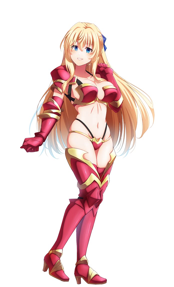 1girl alternate_costume armor armored_boots bikini_armor blonde_hair blue_eyes boots gauntlets goblin_slayer! grin kankitukou long_hair navel priestess_(goblin_slayer!) red_armor red_footwear shoulder_plates simple_background smile solo stomach teeth thigh_boots white_background