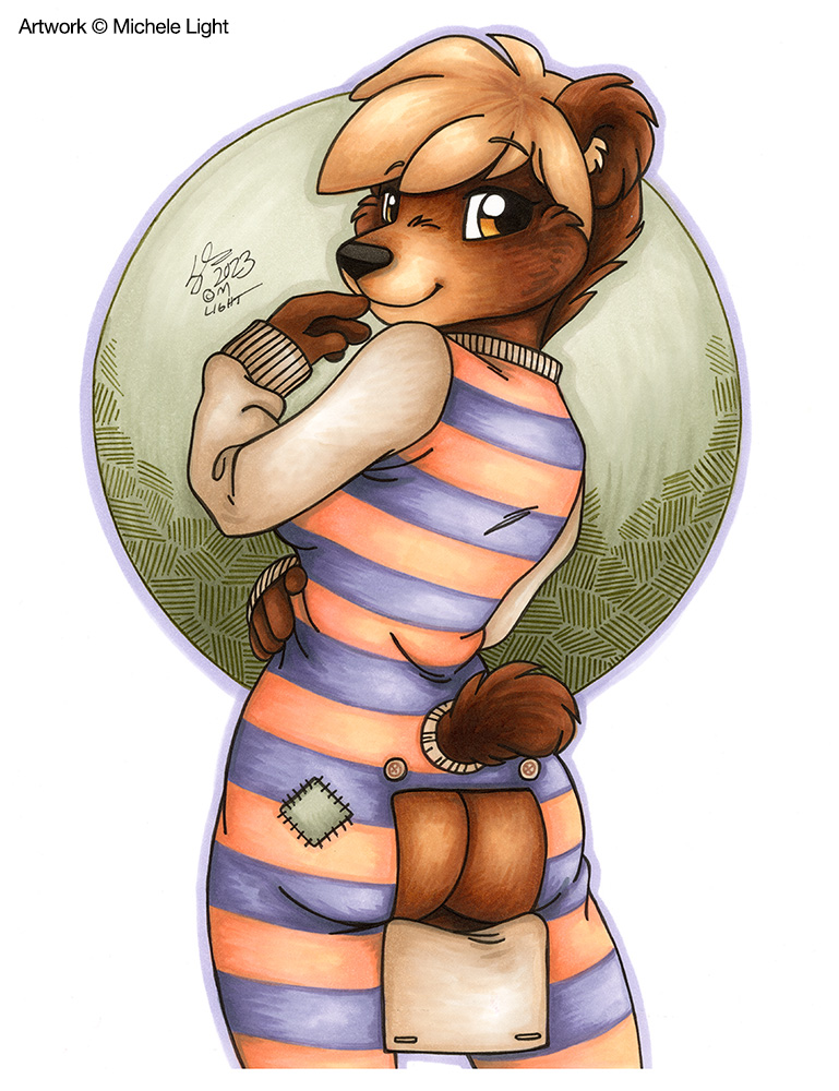 2023 anthro bear brown_body brown_fur brown_hair butt clothed clothing female fully_clothed fur hair looking_back mammal michele_light orange_eyes pajamas patch_(fabric) patched_clothing smile solo tail
