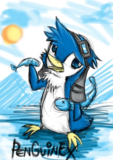 ambiguous_gender anthro beak blue_body blue_eyes chest_tuft colored_sketch eyewear eyewear_on_head glistening glistening_eyes goggles goggles_on_head head_tuft mountain nude open_mouth penguinexperience sketch solo standing sun tuft white_body yellow_beak