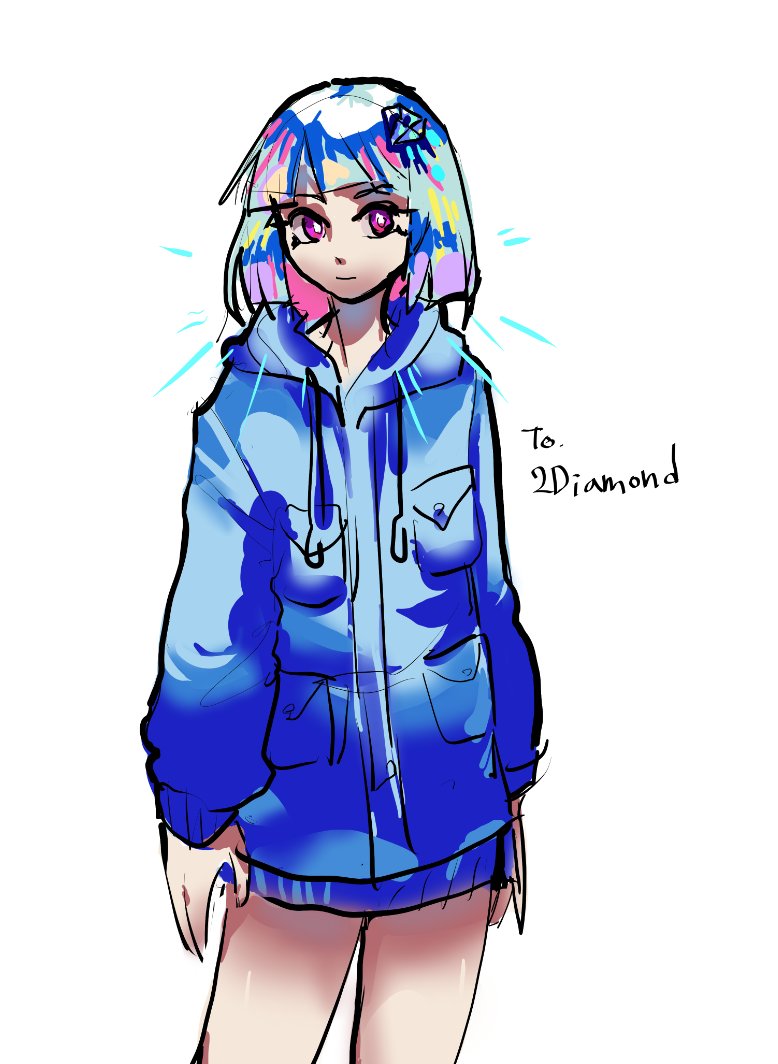 1other alternate_costume androgynous blue_hair blue_hoodie blue_sleeves blunt_bangs blunt_ends casual closed_mouth cowboy_shot diamond_(houseki_no_kuni) diamond_hair_ornament hood hood_down hoodie houseki_no_kuni light_smile long_sleeves notice_lines other_focus pink_eyes pocket puffy_long_sleeves puffy_sleeves short_hair simple_background sleeves_past_wrists solo thighs waiwa_way white_background