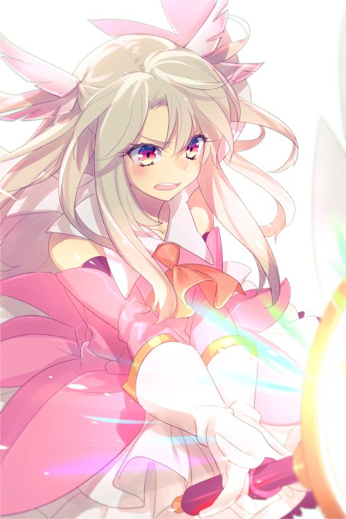 1girl ascot bare_shoulders blush breasts cape dress echo_(circa) elbow_gloves fate/kaleid_liner_prisma_illya fate_(series) feather_hair_ornament feathers gloves hair_ornament illyasviel_von_einzbern kaleidostick layered_gloves long_hair magical_ruby open_mouth pink_dress pink_gloves prisma_illya red_eyes sidelocks skirt small_breasts two_side_up wand white_cape white_gloves white_hair white_skirt