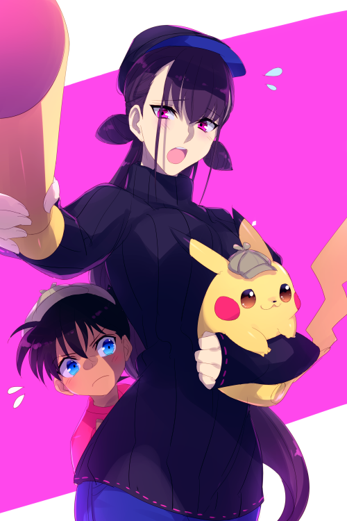 1girl beret black_hat black_sweater blue_eyes blue_pants blush breasts brown_hair brown_hat cone_hair_bun deerstalker denim detective detective_pikachu detective_pikachu_(character) detective_pikachu_(game) double_bun echo_(circa) edogawa_conan fate/grand_order fate_(series) flying_sweatdrops hair_bun hair_ornament hat jeans large_breasts long_hair long_sleeves looking_at_viewer meitantei_conan murasaki_shikibu_(fate) open_mouth pants pikachu pokemon pokemon_(creature) purple_eyes purple_hair ribbed_sweater short_hair sweater turtleneck turtleneck_sweater very_long_hair