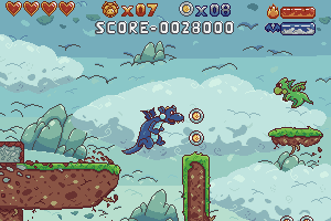 blue_body blue_tail blue_wings cloud coin detailed_background digital_media_(artwork) digitaldemon dragon drake_(datw) drake_and_the_wizards english_text fire gameplay_mechanics jumping life_(gaming) low_res male mythological_creature mythological_scalie mythology pixel_(artwork) scalie score solo tail text wings