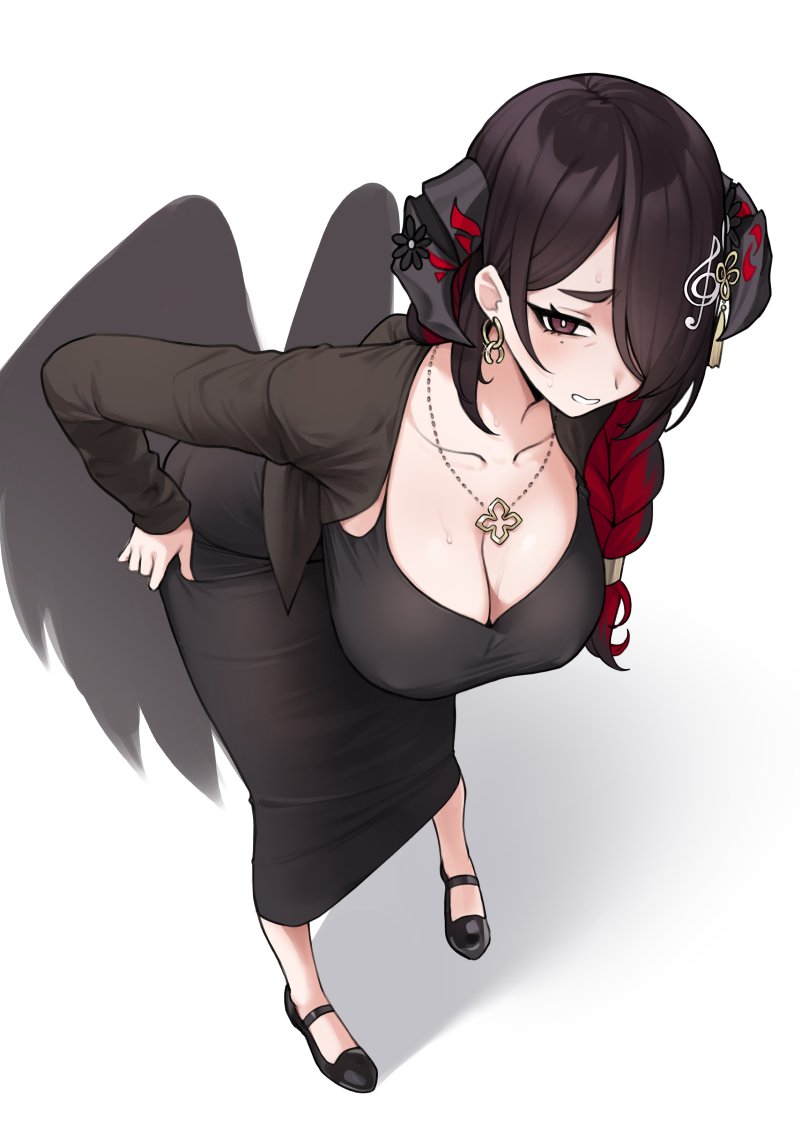 1girl bent_over black_dress black_footwear black_hair black_horns black_jacket black_wings breasts bright_pupils colored_inner_hair covered_nipples demon_girl demon_horns dongtan_dress dress earrings feathered_wings hair_ornament hair_over_one_eye hands_on_own_hips hololive hololive_english horns jacket jewelry large_breasts long_dress long_hair long_sleeves looking_at_viewer low_wings mamarissa mature_female meme_attire mole mole_under_eye multicolored_hair musical_note musical_note_hair_ornament nago_purin necklace nervous_smile open_clothes open_jacket pencil_dress red_eyes red_hair scoop_neck shoes smile standing sweat taut_clothes taut_dress treble_clef two-tone_hair virtual_youtuber white_pupils wings