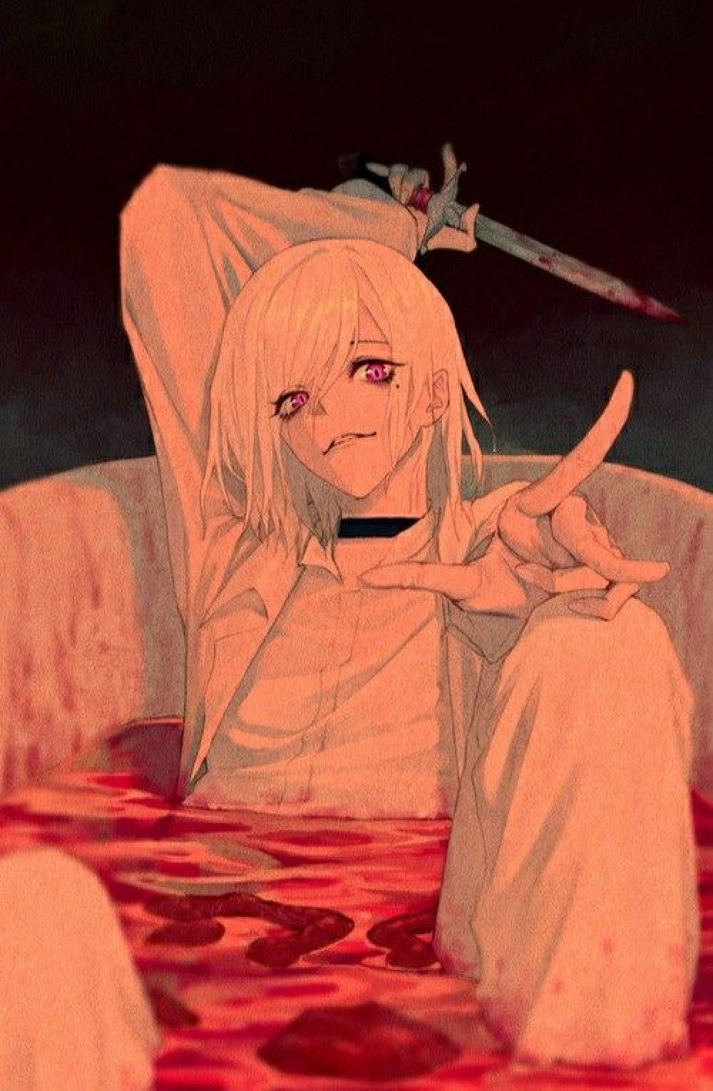 1boy akudama_drive bath blood blood_on_clothes blood_on_knife blood_on_weapon cutthroat_(akudama_drive) hair_between_eyes highres holding holding_knife jacket knife purple_eyes shirt weapon white_hair white_jacket white_shirt