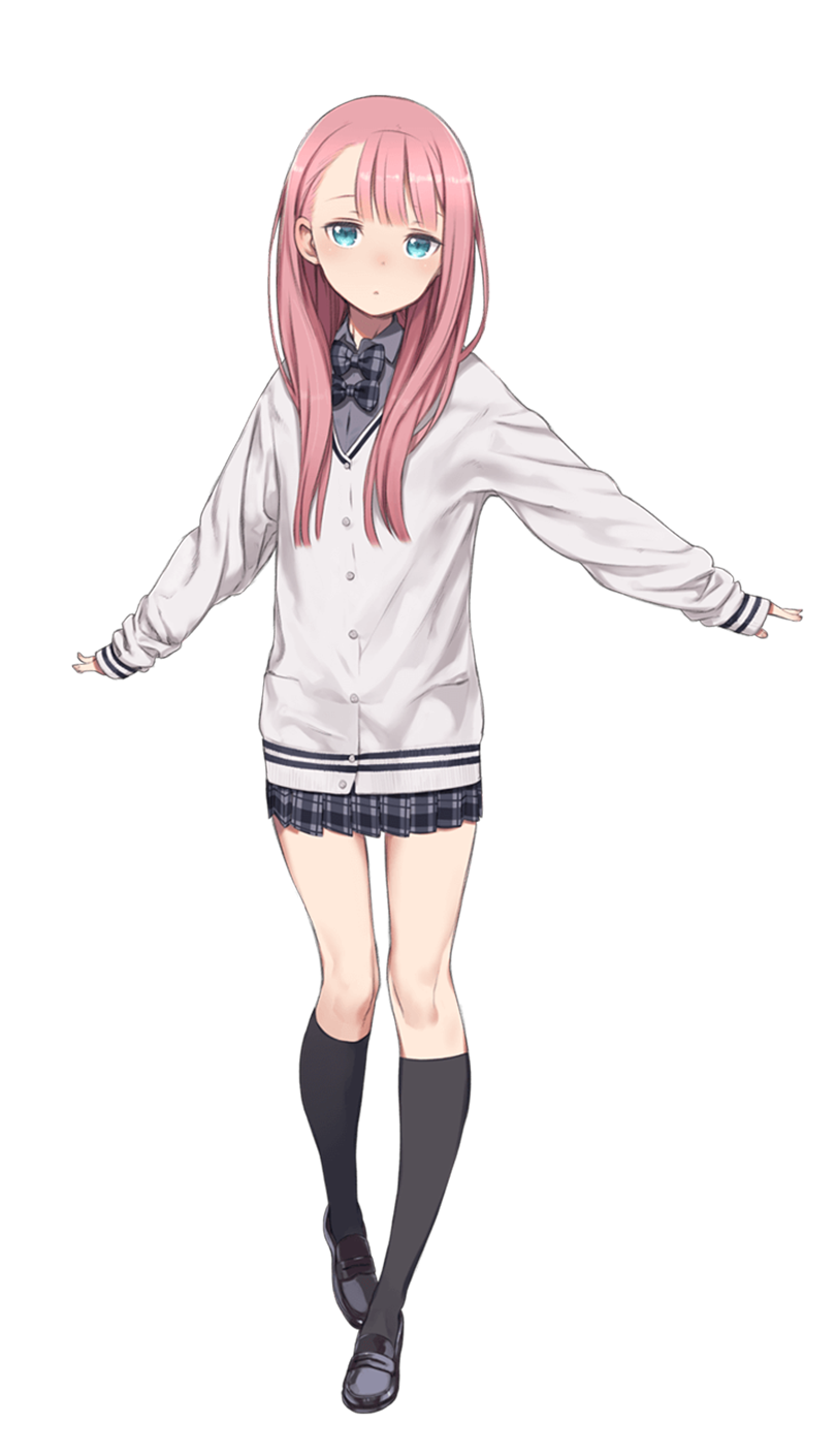 1girl 22/7 ankle_socks black_footwear black_socks blue_eyes bow cardigan double_horizontal_stripe grey_bow grey_shirt grey_skirt highres kamiki_mikami kuroboshi_kouhaku loafers long_sleeves looking_at_viewer miniskirt official_art outstretched_arms pink_hair plaid plaid_bow plaid_skirt pleated_skirt second-party_source shirt shoes simple_background skirt sleeves_past_wrists socks solo standing tachi-e transparent_background white_cardigan