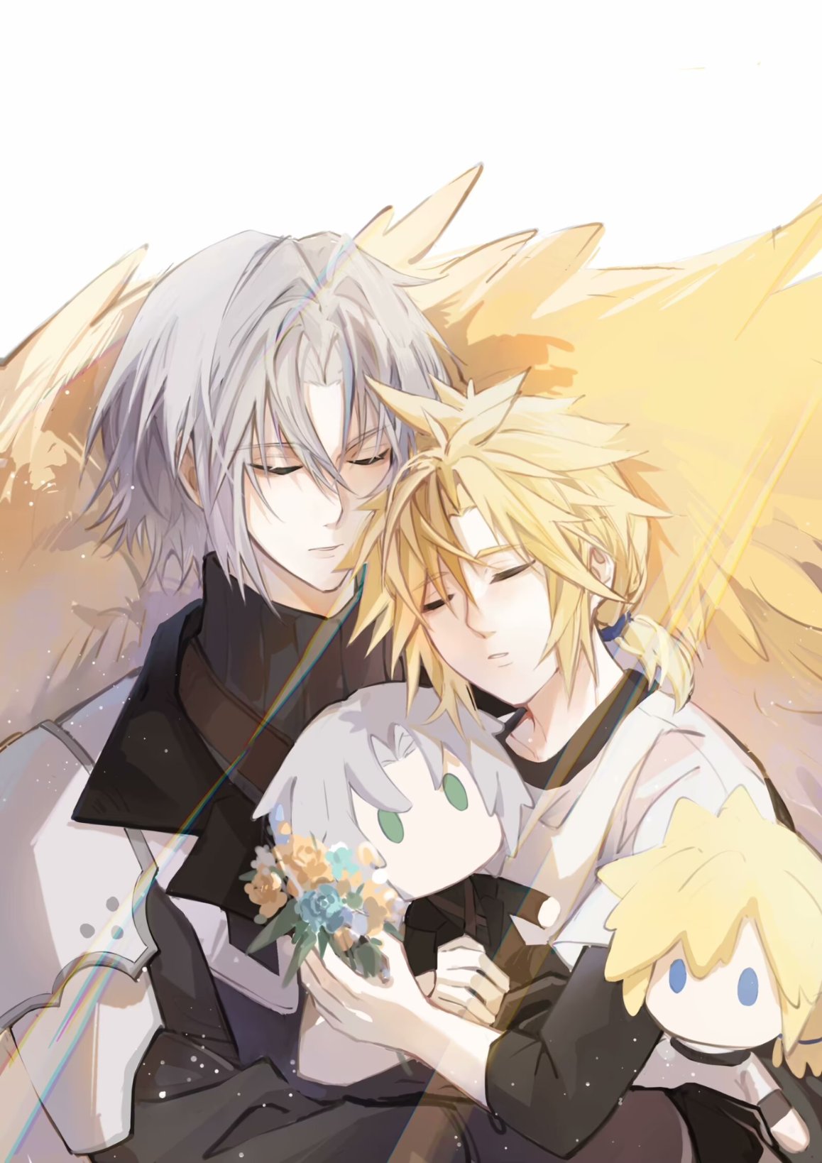 2boys aged_down armor black_coat black_shirt blonde_hair blue_eyes bouquet chocobo closed_eyes cloud_strife coat cuddling final_fantasy final_fantasy_vii final_fantasy_vii_ever_crisis final_fantasy_vii_remake green_eyes grey_hair hair_between_eyes hair_tie highres holding holding_bouquet low_ponytail male_focus mikatsukikuroba multiple_boys parted_bangs parted_lips sephiroth shirt shirt_under_shirt shoulder_armor sleeping spiked_hair stuffed_toy turtleneck white_background white_shirt yaoi