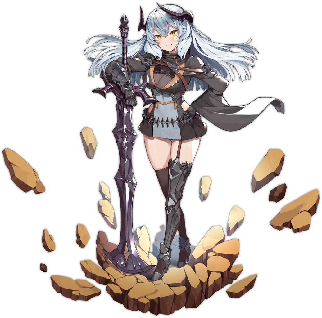 1girl ark_order armored_boots artist_request asymmetrical_footwear black_jacket black_shirt boots breasts brown_thighhighs cleavage closed_mouth clothing_cutout full_body garter_straps gauntlets goll_mac_morna_(ark_order) grey_hair grey_skirt high_heel_boots high_heels horns jacket large_breasts long_hair long_sleeves looking_at_viewer mismatched_footwear official_art planted planted_sword pleated_skirt rock see-through see-through_shirt shirt side_cutout sidelocks single_boot single_garter_strap single_thigh_boot skirt smile solo sword tachi-e thigh_boots thighhighs transparent_background weapon yellow_eyes