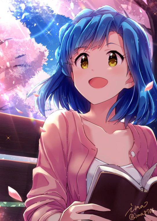 :d artist_name blue_hair blue_sky book braid cardigan cherry_blossoms collarbone dappled_sunlight dot_nose eyelashes falling_petals forehead holding holding_book idolmaster idolmaster_million_live! idolmaster_million_live!_theater_days ima_(lm_ew) long_sleeves on_bench open_mouth outdoors parted_bangs petals pink_cardigan shirt short_hair sidelocks sky smile sunlight upper_body white_shirt yellow_eyes