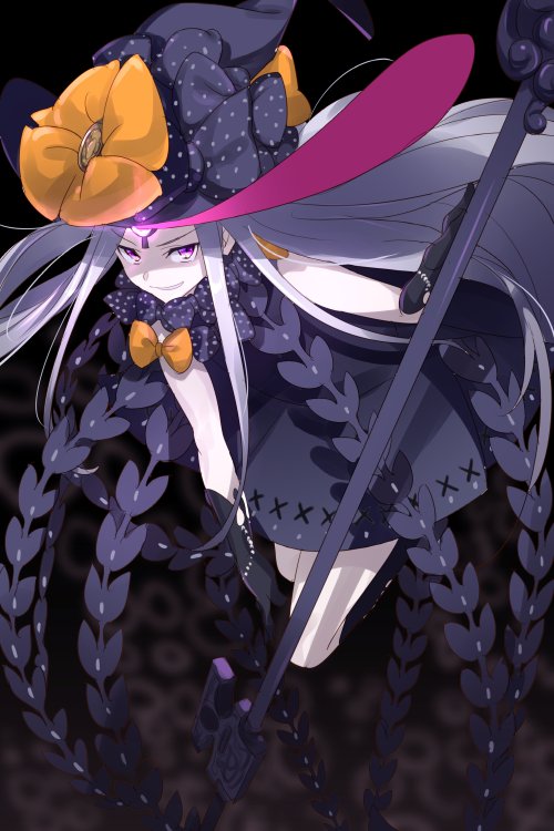 1girl abigail_williams_(fate) abigail_williams_(third_ascension)_(fate) bare_shoulders black_bow black_dress black_hat blush bow breasts colored_skin dress echo_(circa) fate/grand_order fate_(series) forehead grin hair_bow hat key keyhole long_hair looking_at_viewer orange_bow parted_bangs purple_eyes small_breasts smile staff third_eye white_hair white_skin witch_hat