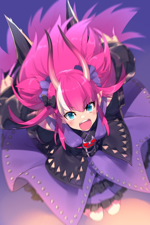 1girl blue_eyes blush breasts detached_sleeves dragon_girl dragon_horns dragon_tail dress echo_(circa) elizabeth_bathory_(fate) elizabeth_bathory_(japan)_(fate) fate/grand_order fate_(series) horns long_hair looking_at_viewer open_mouth pink_hair pointy_ears purple_dress small_breasts tail wings