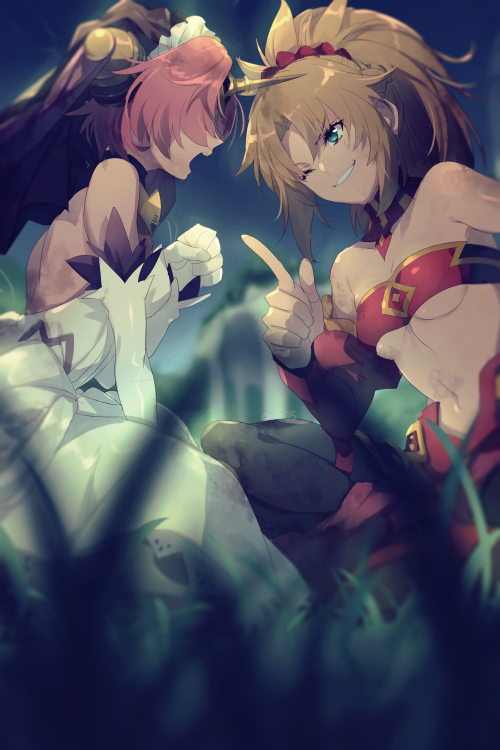 2girls bandeau bare_shoulders black_thighhighs blonde_hair braid breasts detached_collar detached_sleeves dress echo_(circa) elbow_gloves fate/apocrypha fate/grand_order fate_(series) frankenstein's_monster_(fate) french_braid gloves green_eyes grin hair_over_eyes headgear horns index_finger_raised long_hair looking_at_viewer mechanical_horns medium_breasts mordred_(fate) mordred_(fate/apocrypha) multiple_girls navel one_eye_closed parted_bangs pink_hair ponytail short_hair sidelocks single_horn sitting small_breasts smile thighhighs veil white_dress white_gloves