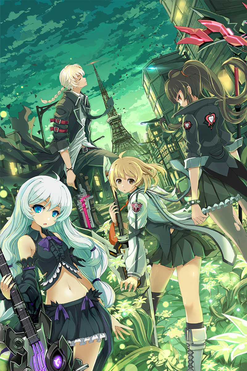 1boy 3girls ahoge asymmetrical_legwear asymmetrical_sleeves bare_shoulders belt black_hair black_jacket black_pants black_shirt blonde_hair blue_eyes bow bowtie brown_eyes cityscape cross-laced_footwear electric_guitar flower frilled_skirt frills from_behind from_side guitar haru_estia highres holding holding_weapon instrument jacket lily_bloomerchen long_hair looking_at_viewer low-tied_long_hair miniskirt multiple_girls necktie official_art orange_necktie pants pantyhose purple_bow purple_bowtie purple_skirt red_eyes shirt skirt soulworker standing stella_unibell torn_clothes torn_pantyhose weapon white_hair white_jacket white_shirt