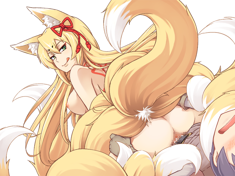 1boy 1girl :q aged_up animal_ear_fluff animal_ears ass back_tattoo blonde_hair blush bmp-to-png_conversion brown_gloves brown_tunic censored closed_mouth clothed_male_nude_female completely_nude erection eyeshadow femdom fox_ears fox_girl fox_tail game_cg girl_on_top gloves green_eyes hair_between_eyes hair_ribbon hetero jingai_modoki kitsune licking_lips long_hair long_sleeves looking_back luka_(mon-musu_quest!) makeup mon-musu_quest! monster_girl mosaic_censoring multiple_tails neck_tattoo nipples non-web_source nude open_mouth penis purple_hair rape red_eyeshadow red_ribbon ribbon sex shirt short_hair simple_background slit_pupils spoilers tail tail_bondage tamamo_(mon-musu_quest!) tattoo tongue tongue_out transparent_background vaginal very_long_hair white_shirt
